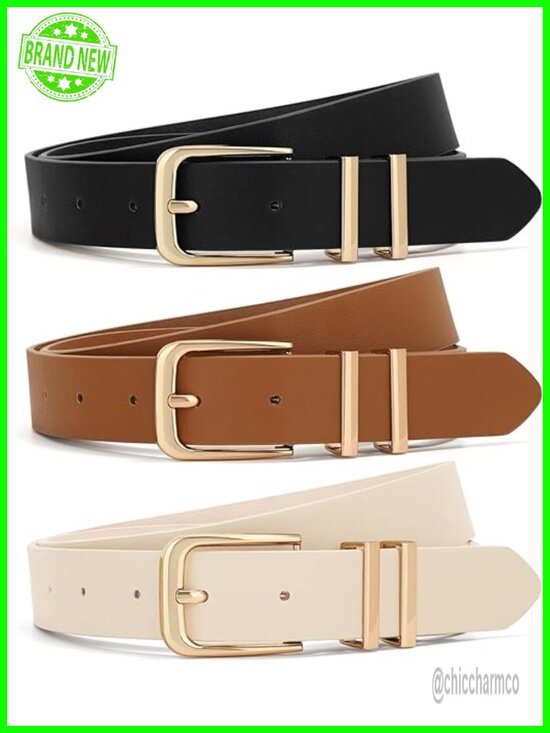 3 Pack Women\'s Leather Waist Belt with Gold Buckle for Jeans Dresses Pants main image 3